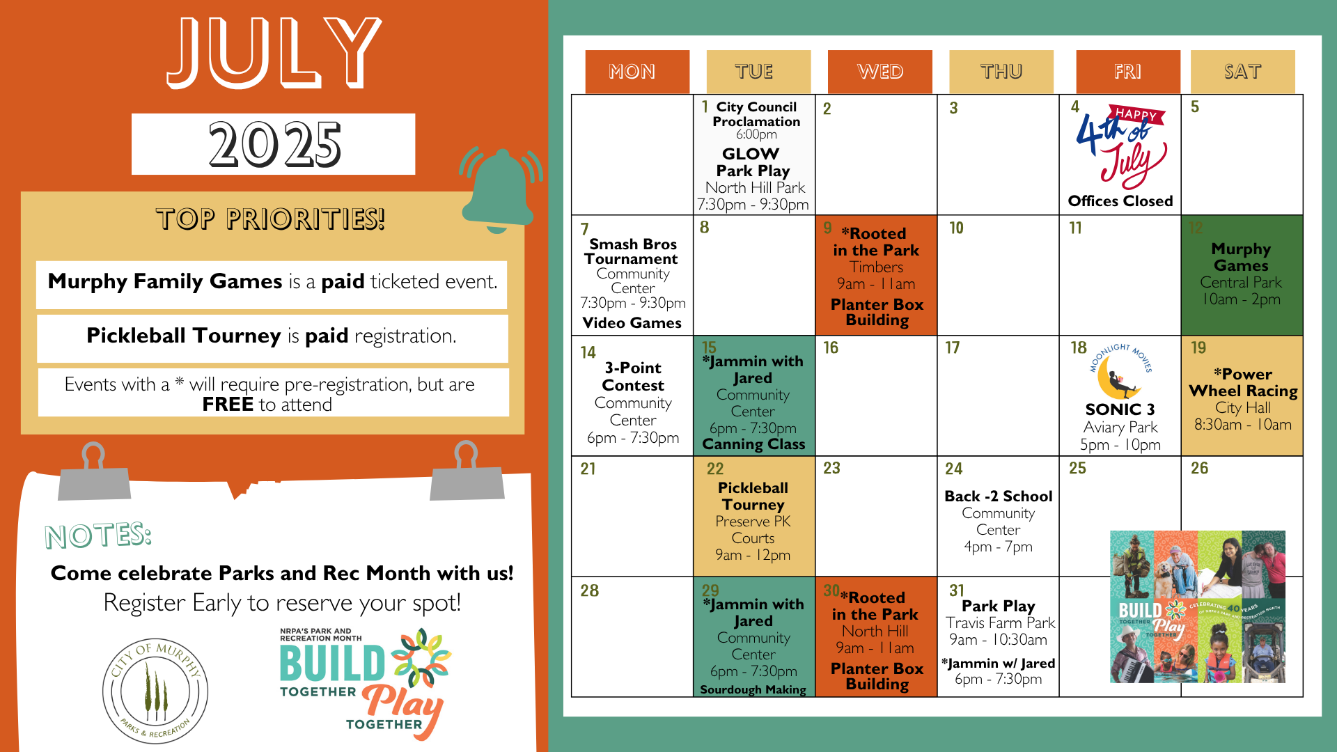 Park and Recreation Month Calendar