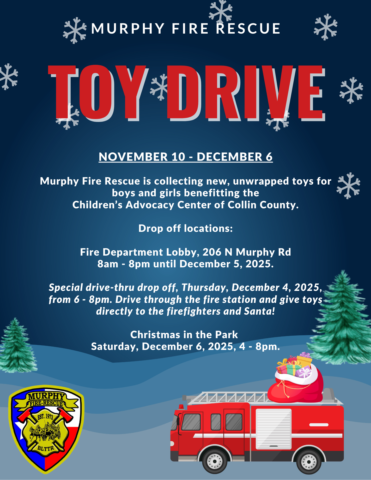 Flyer showing Santa and other information regarding a toy drive collection
