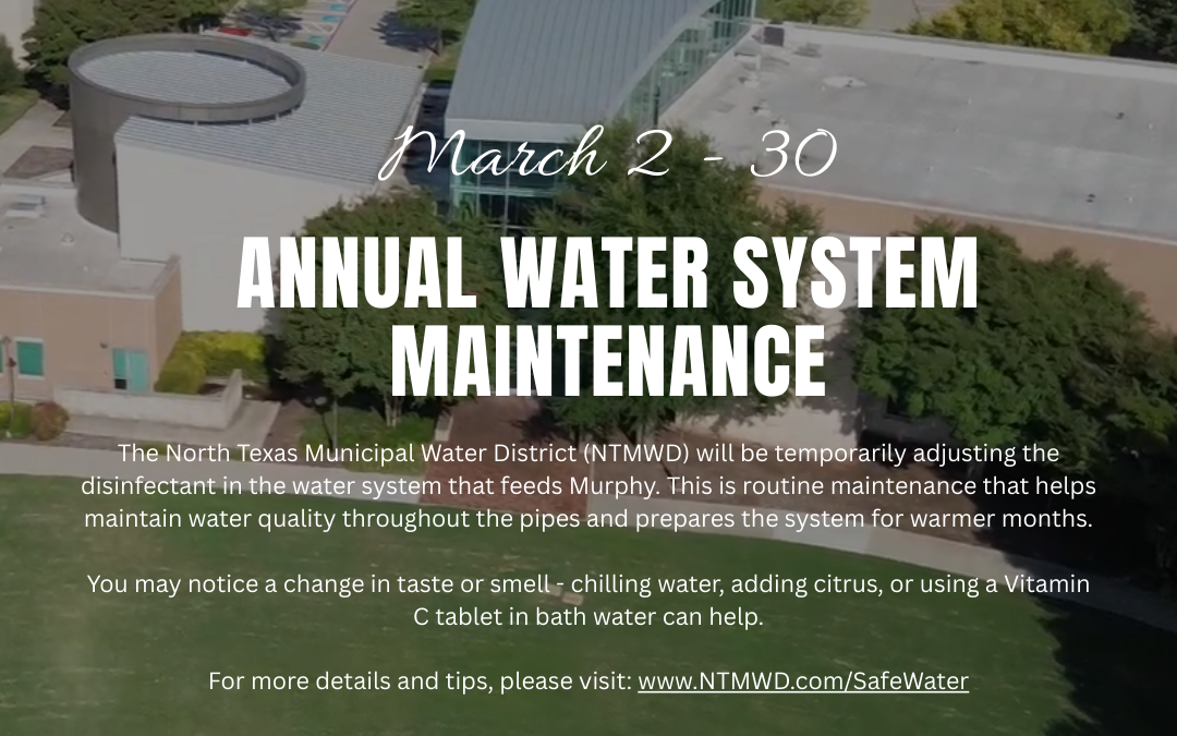 Picture of City Hall with text overlay on annual water system maintenance